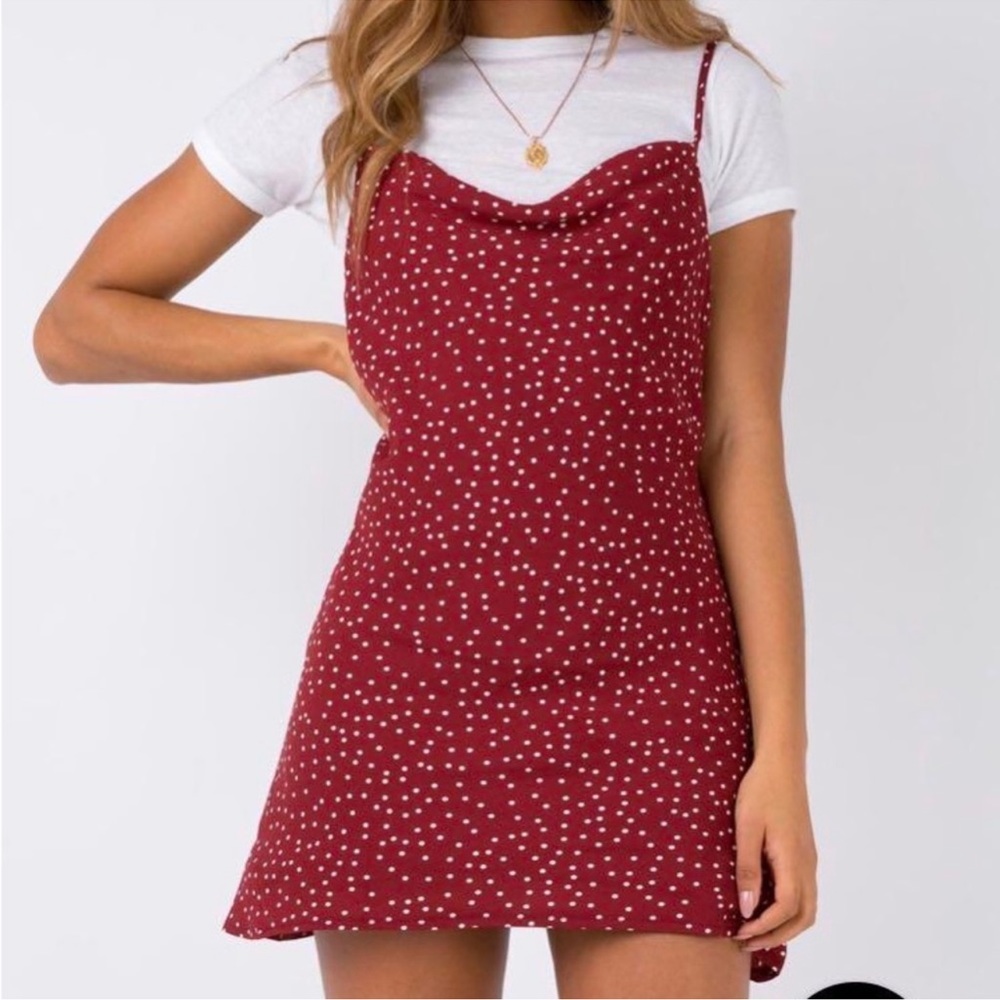Princess Polly Red White Polka Dot Mini Dress Cowl Neck Spaghetti Strap